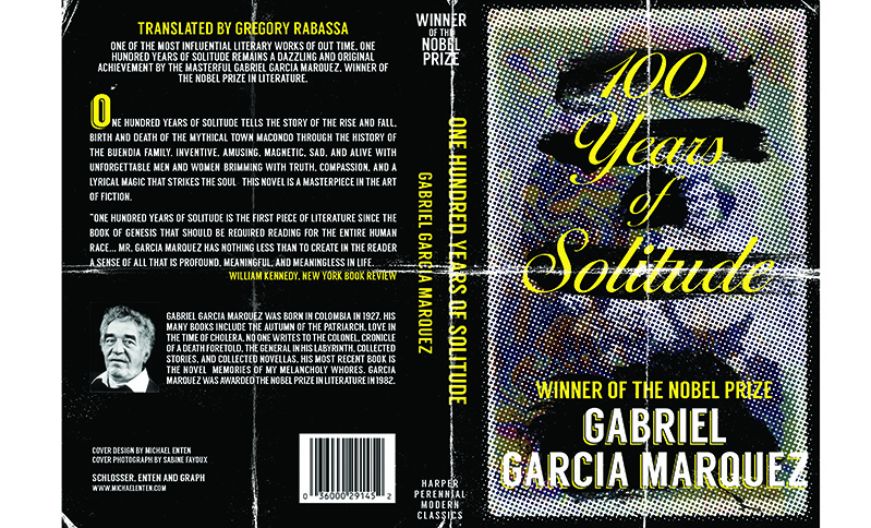 An old book cover depicting a lady and some yellow and white text. Also on the back the image of the author, some text and barcode.