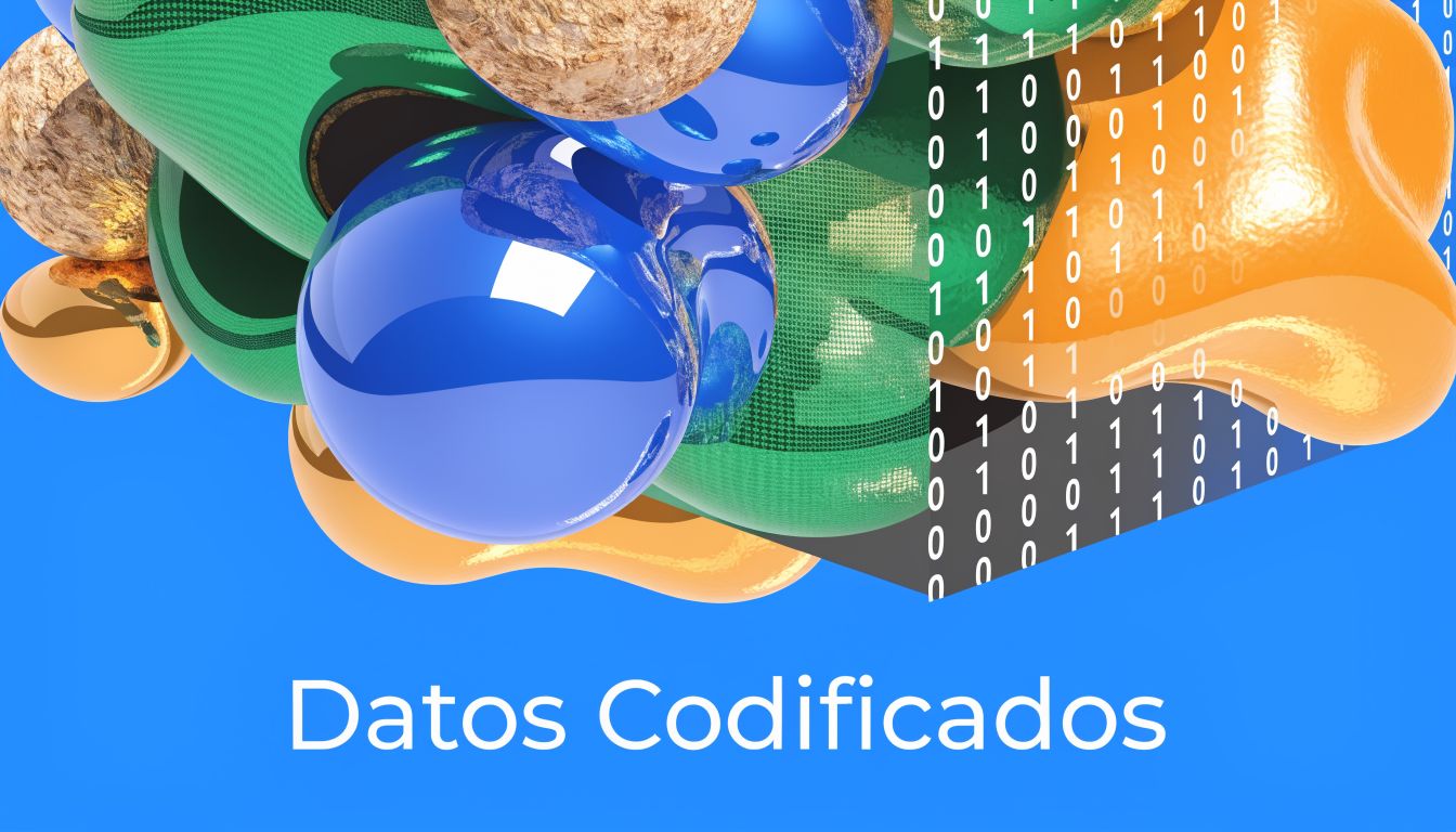 Representación abstracta de datos digitales con formas geométricas coloridas y códigos binarios sobre un fondo azul.