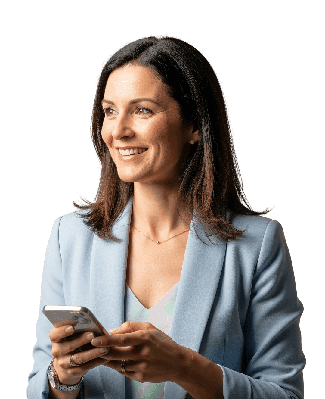 A woman in a light blue blazer, holding her phone, smiling, looking forward