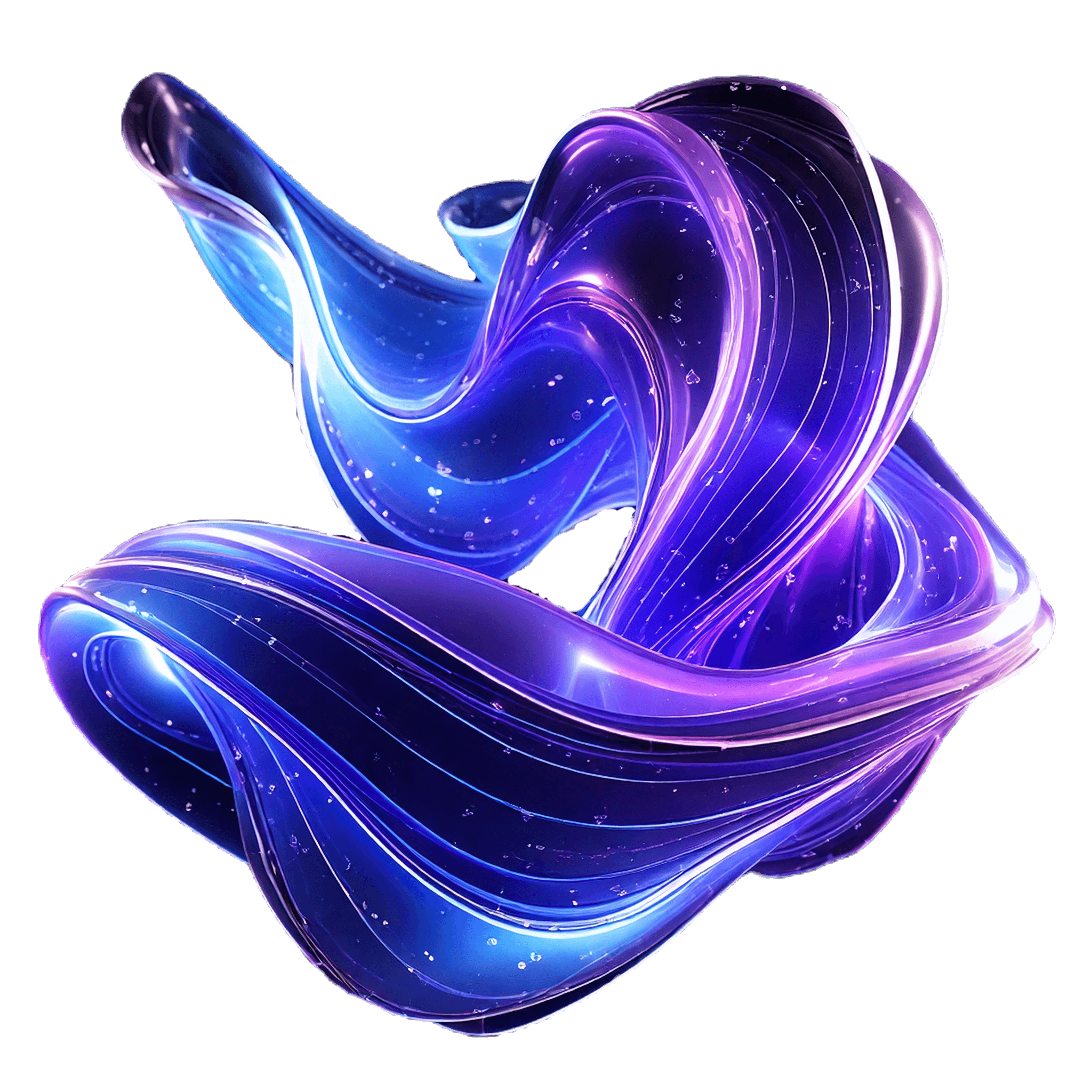 A vibrant, 3D abstract glowing purple and blue ribbon sculpture set against a dark tech-themed background