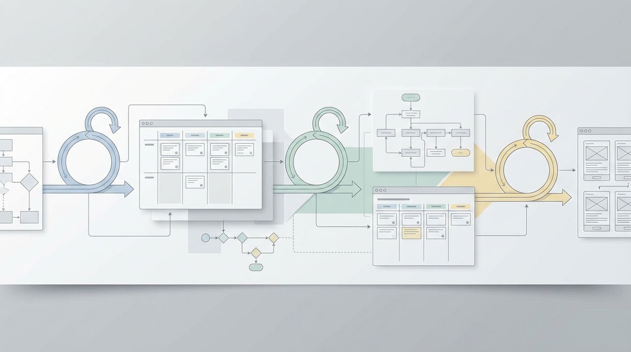 Diagrama de flujo que ilustra la integración de procesos ágiles y metodología Scrum en colaboración con el ciclo de diseño UX.