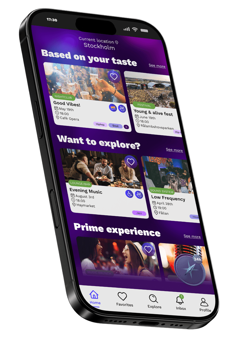 A smartphone displays a colorful app interface with various options and categories highlighted in purple.