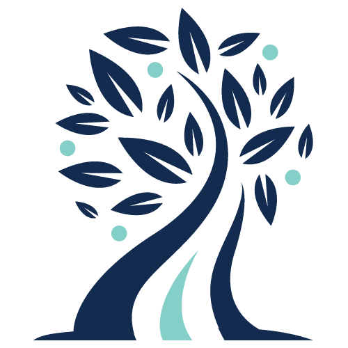 Stylized tree with blue leaves, a curved trunk, and light teal fruit.