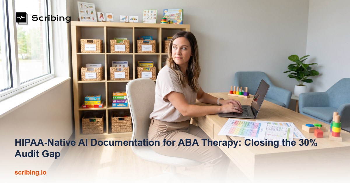 Digital tablet showing AI-generated ABA therapy documentation alongside a Medicaid audit compliance checklist in a clinical office setting