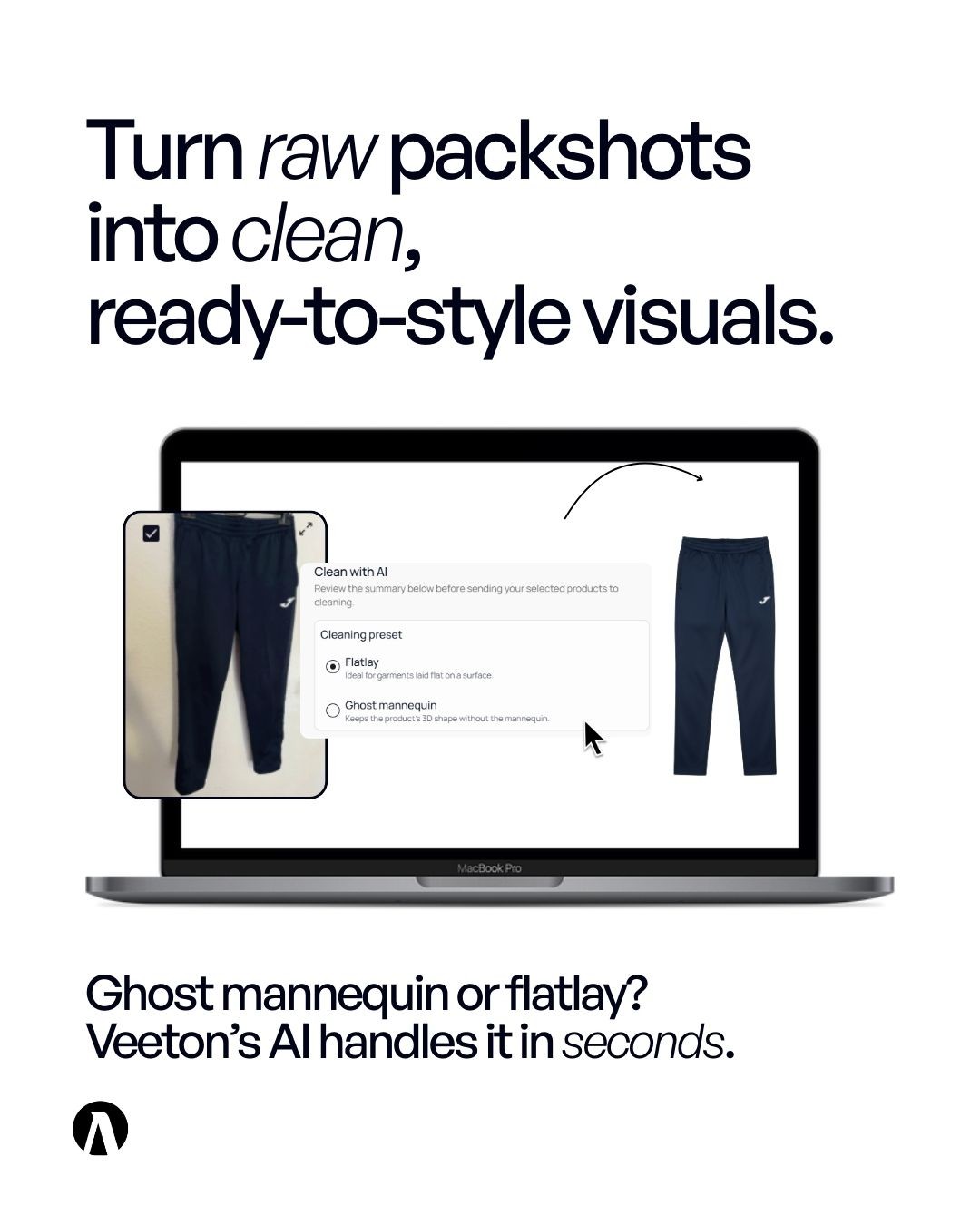 Visual shImage showing a product lying flat from a photo taken on a hanger.owing a flatlay product from a hanger shot product