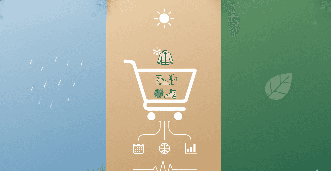 A seasonal e-commerce shopping cart with items like jackets, boots, and plants, symbolizing inventory and marketing strategies.
