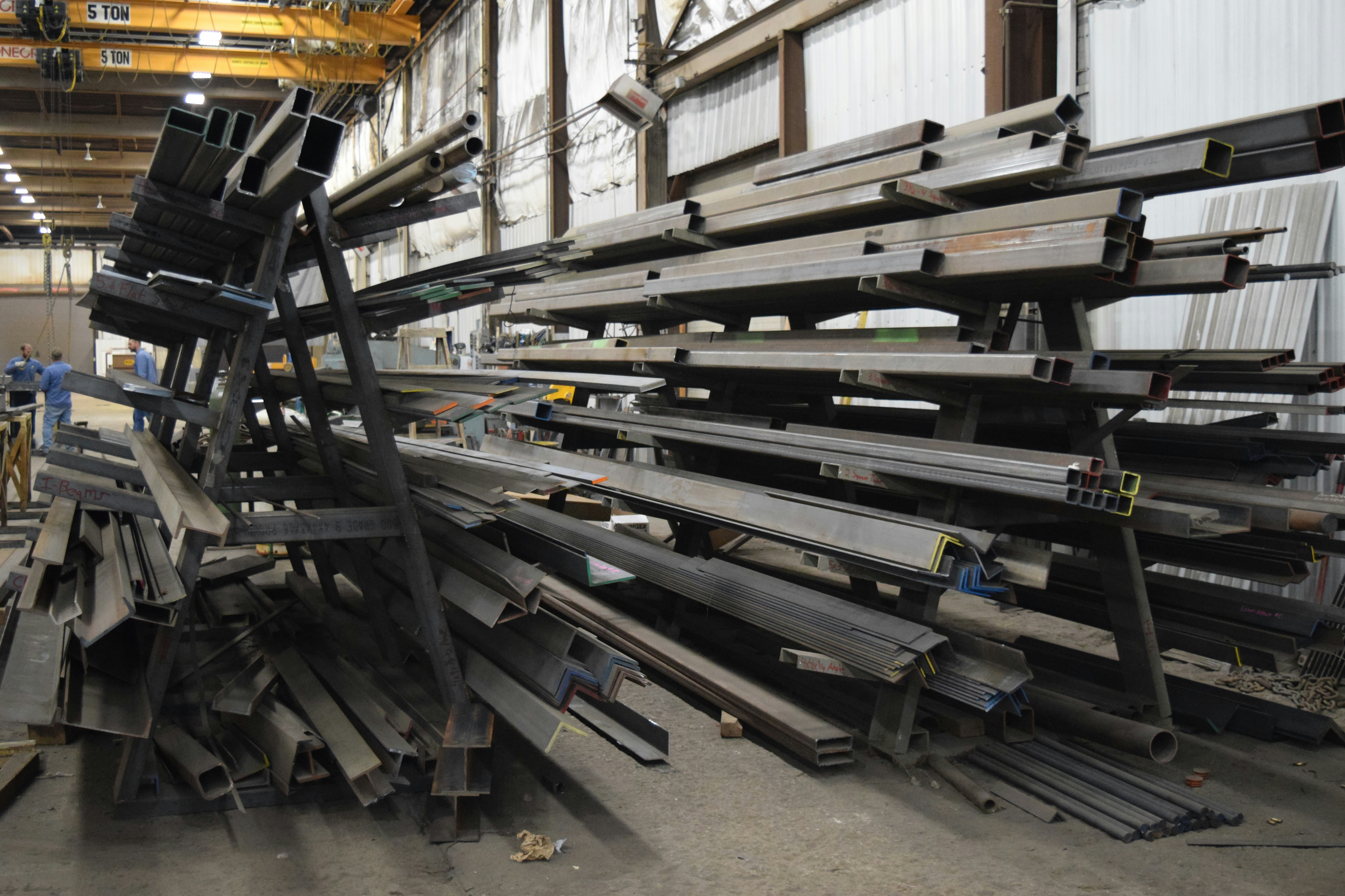 Racks of steel materials ready to be used at TratFab in Treasure Valley Idaho