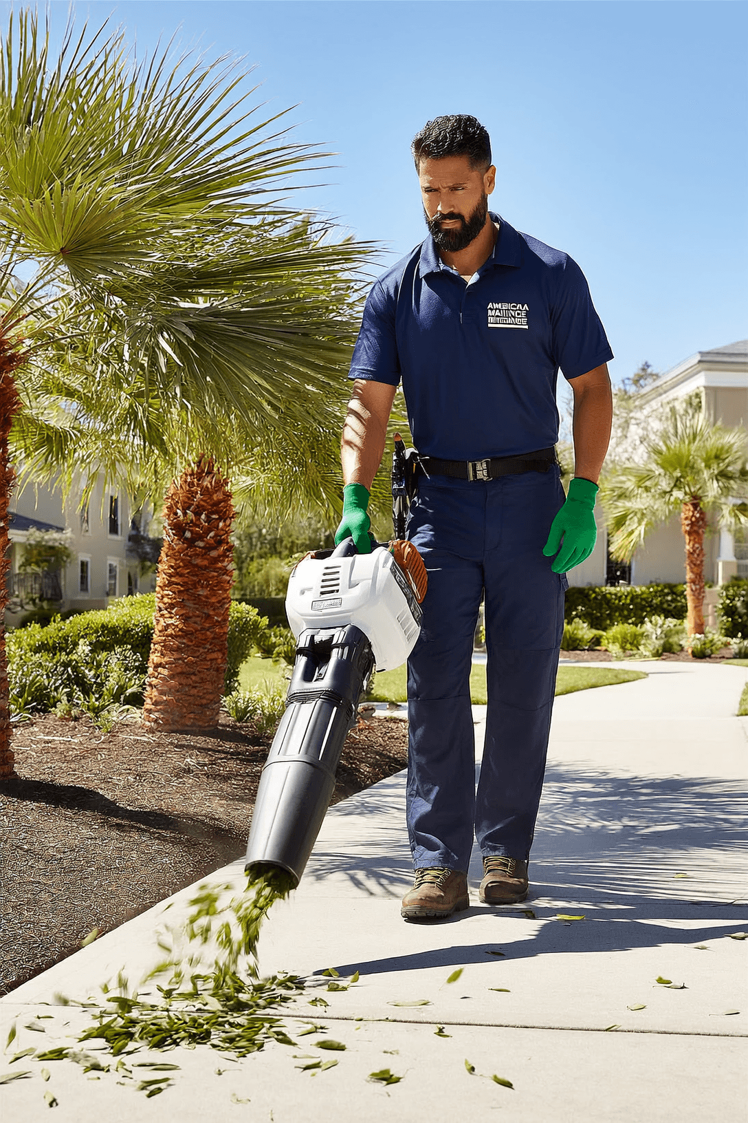 Maintenance worker using leaf blower at luxury property.