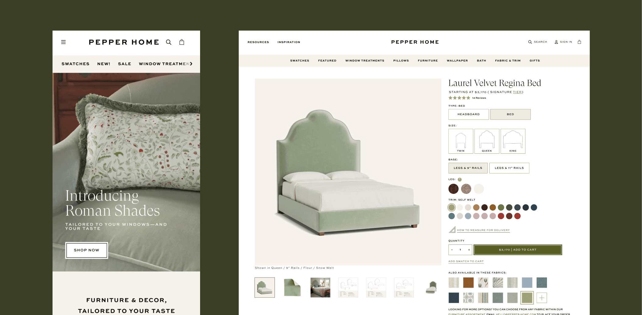 Shopify product page for Pepper Home showcasing customizable bed and fabric options