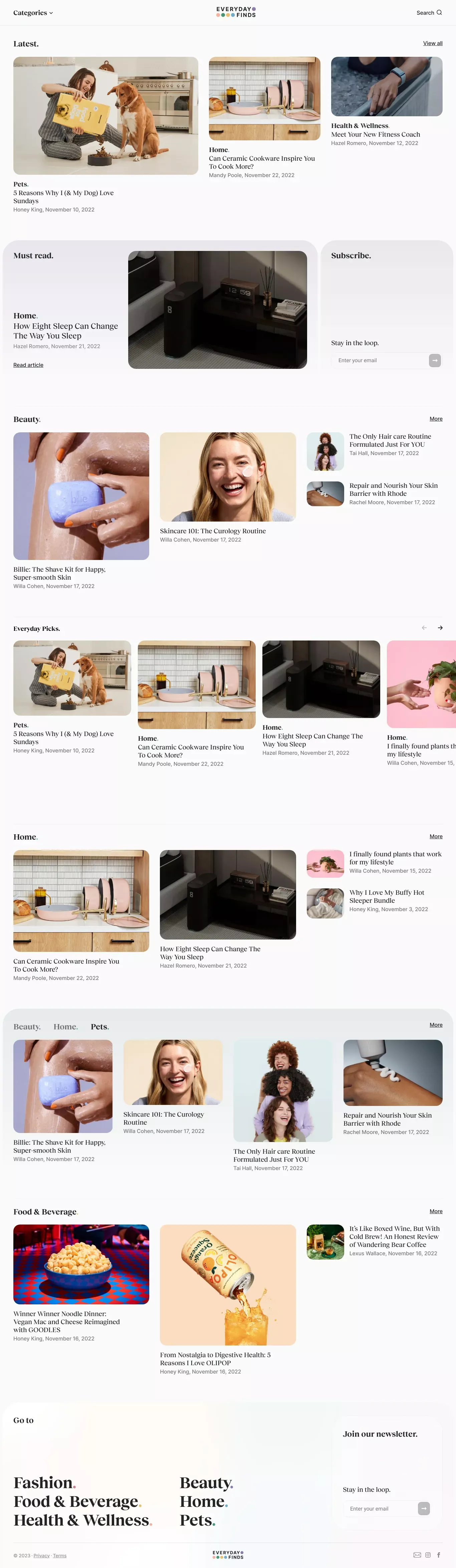 Reviewing the best DTC brands blog page screenshot showcasing Health & Fitness and Food & Drinks design