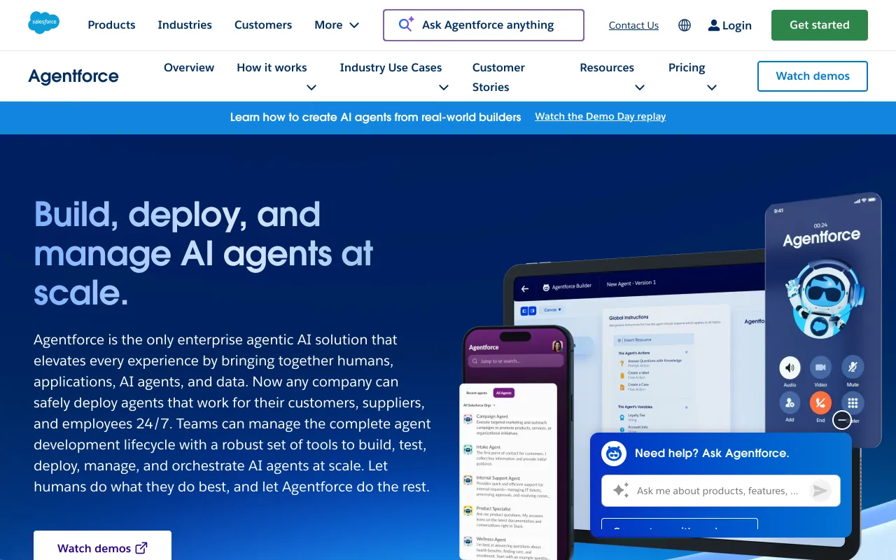 Salesforce Agentforce homepage, Einstein AI for Sales Cloud coaching