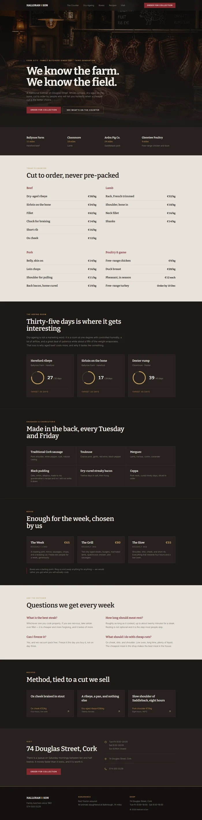 Full butcher shop website design: counter hero, provenance, cuts, dry-ageing room, meat boxes