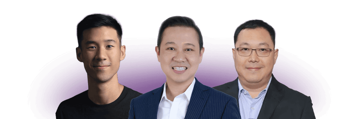 Three men standing side by side, smiling, against a purple backdrop.