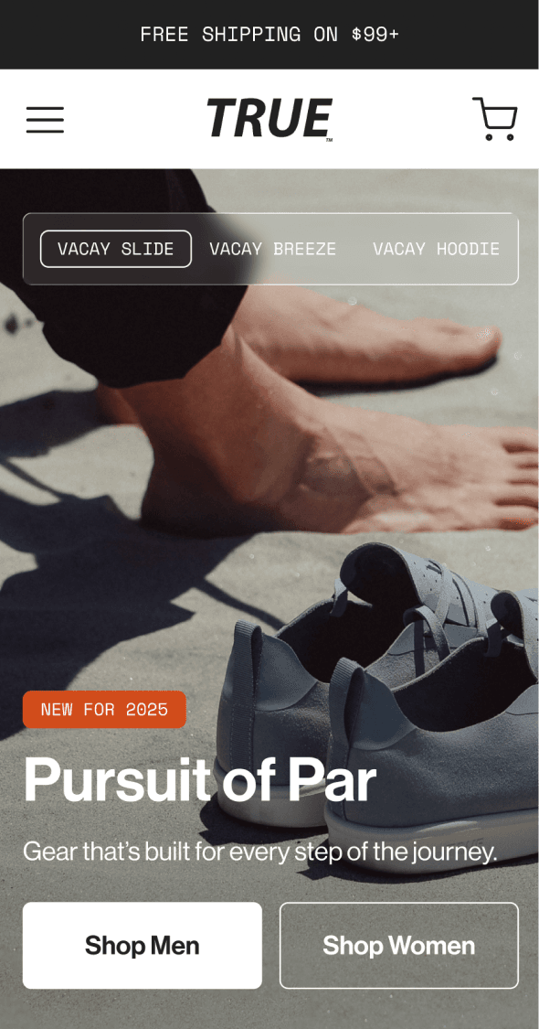 Mobile homepage banner promoting True Linkswear collections with shop CTA