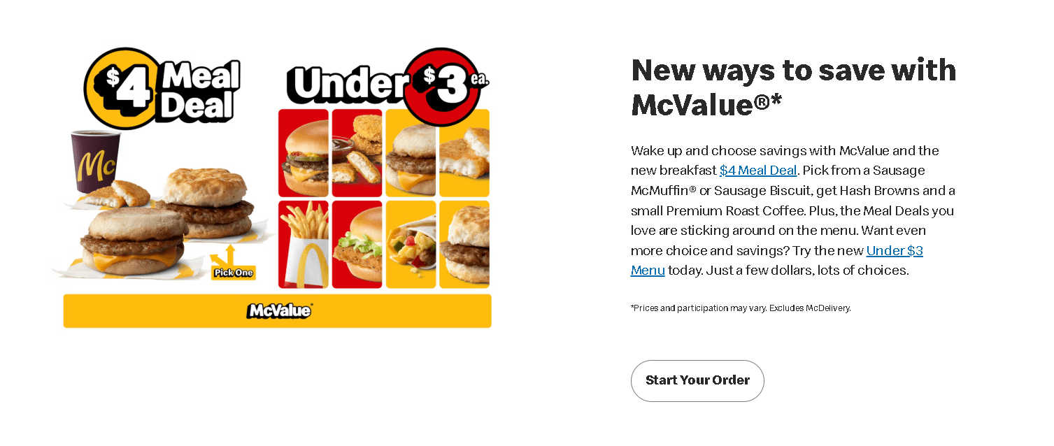 McDonald’s US website showcasing the $4 Meal Deal and Under $3 Menu promotions.
