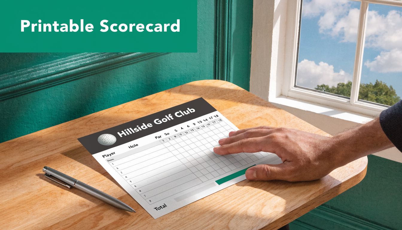 A hand rests on a Hillside Golf Club scorecard placed on a wooden desk near a window.