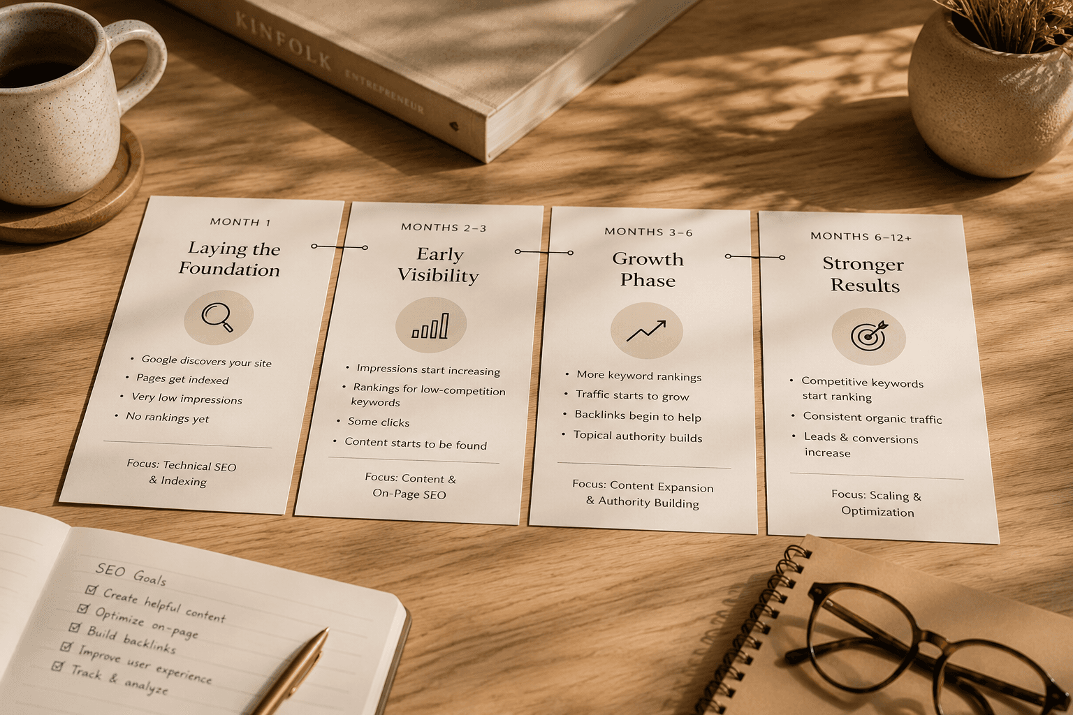 How long does SEO take to work for a new website timeline showing Month 1, Month 3, Month 6, and Month 12 SEO growth milestones