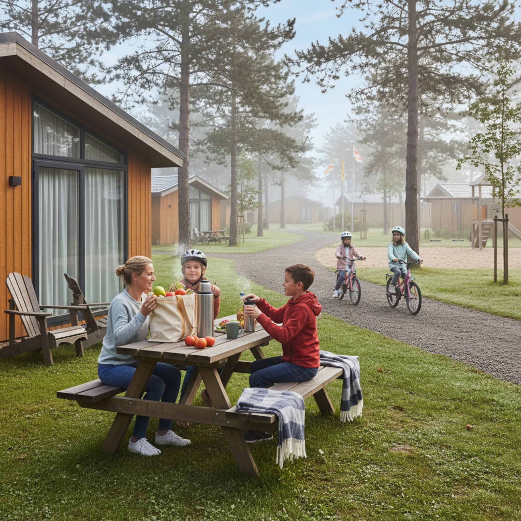 Am frühen Morgen liegt der Ferienpark still, feuchtes Gras glitzert im Licht. Zwischen Kiefern ziehen Kinder mit Fahrrädern vorbei, eine Familie packt Picknicktaschen. Vor den Bungalows stehen Stühle mit Decken, dampfende Becher auf dem Tisch. Ein leiser Wind bewegt Fahnen am Spielplatz, es riecht nach Kiefernharz.