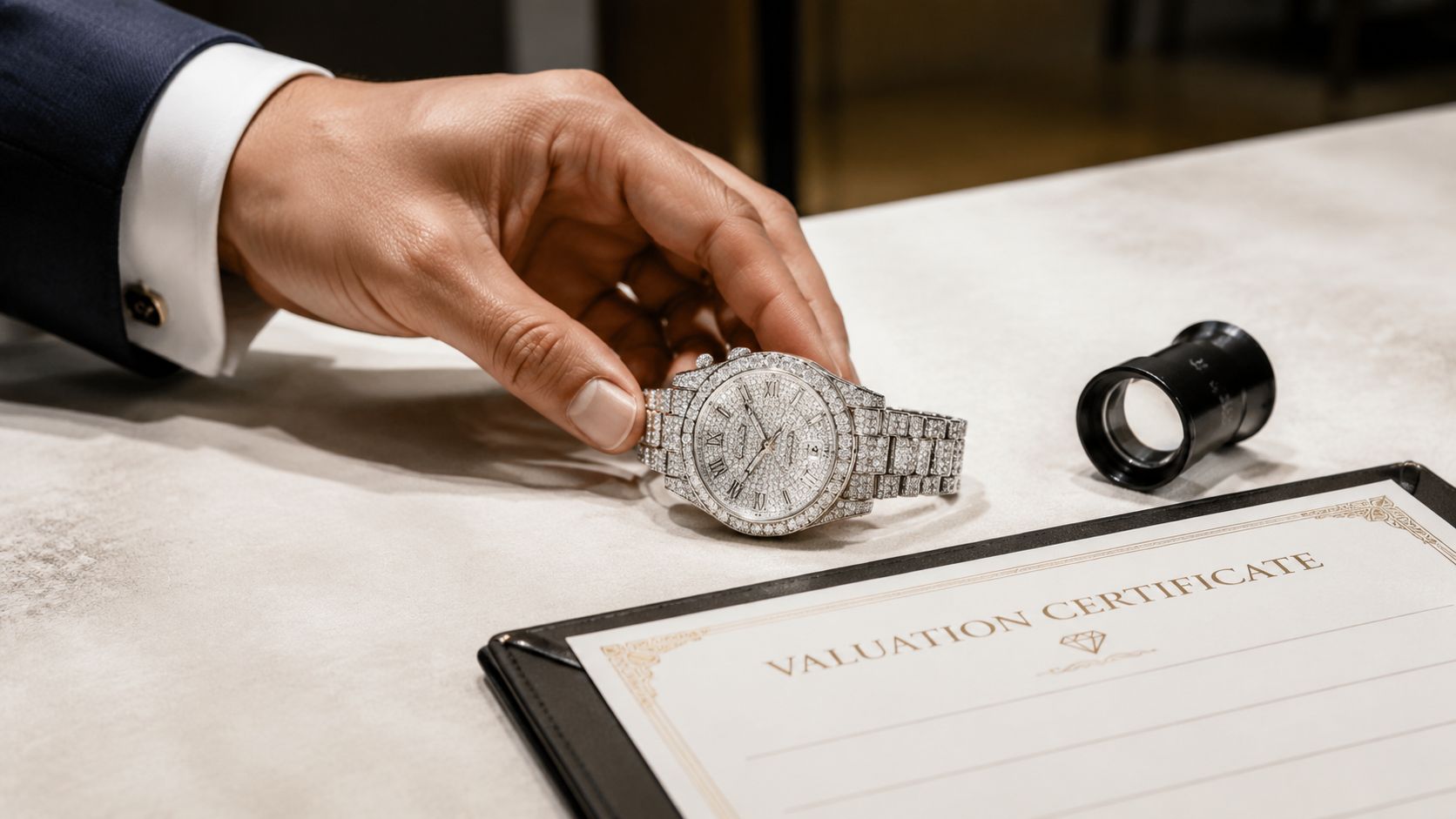 A hand holding a luxury diamond-encrusted watch next to a jeweler's loupe and a valuation certificate.