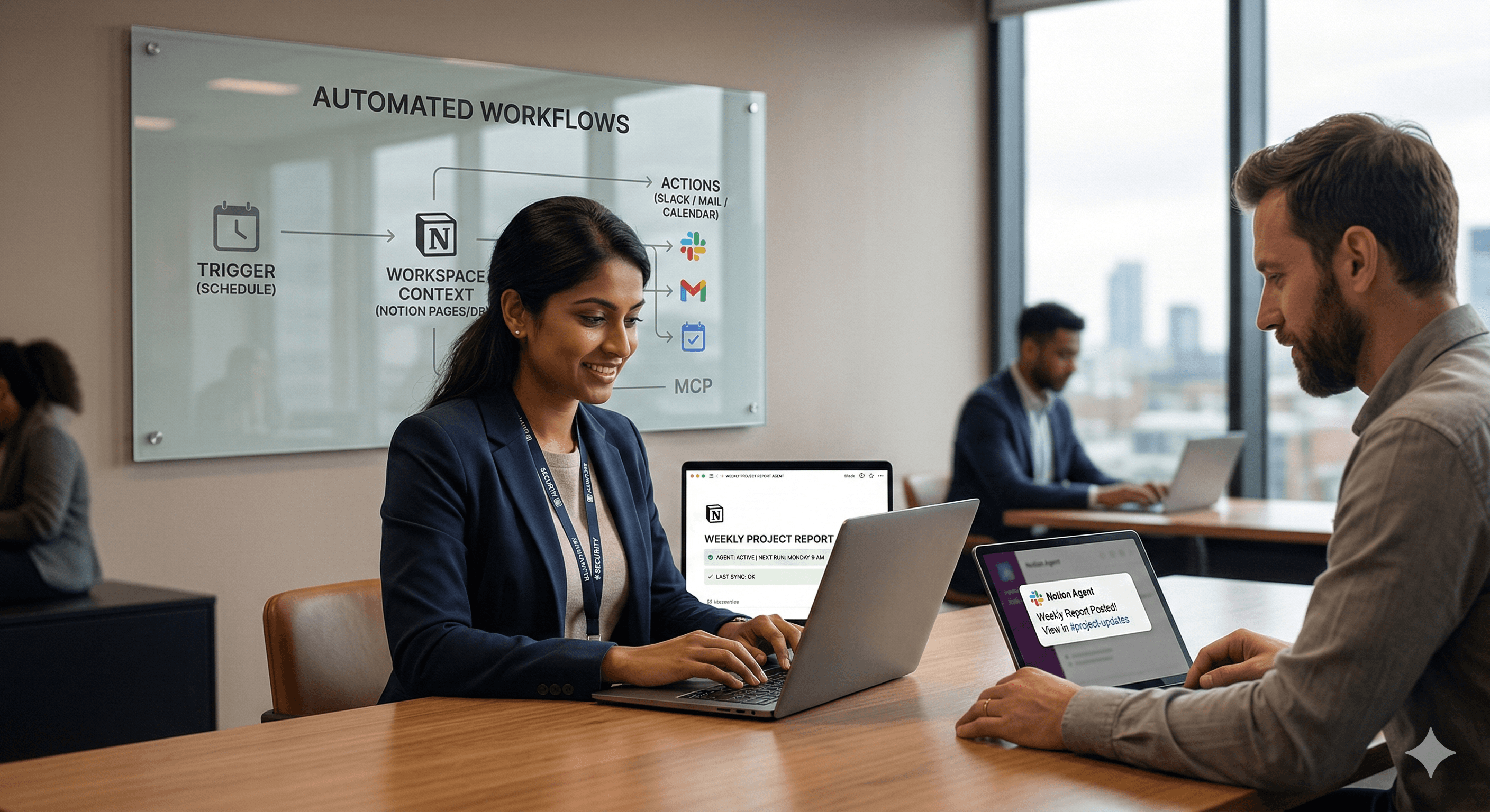 In a modern office setting, professionals collaborate using laptops, with a prominent wall display highlighting "Automated Workflows" that illustrates streamlined processes, embodying the theme "Discover How Notion's Custom Agents Simplify Workflows."