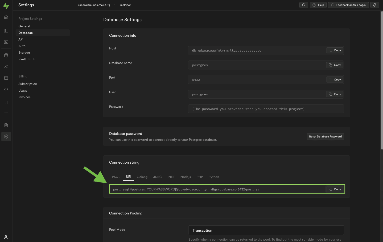 PostgreSQL connection string provided by Supabase.