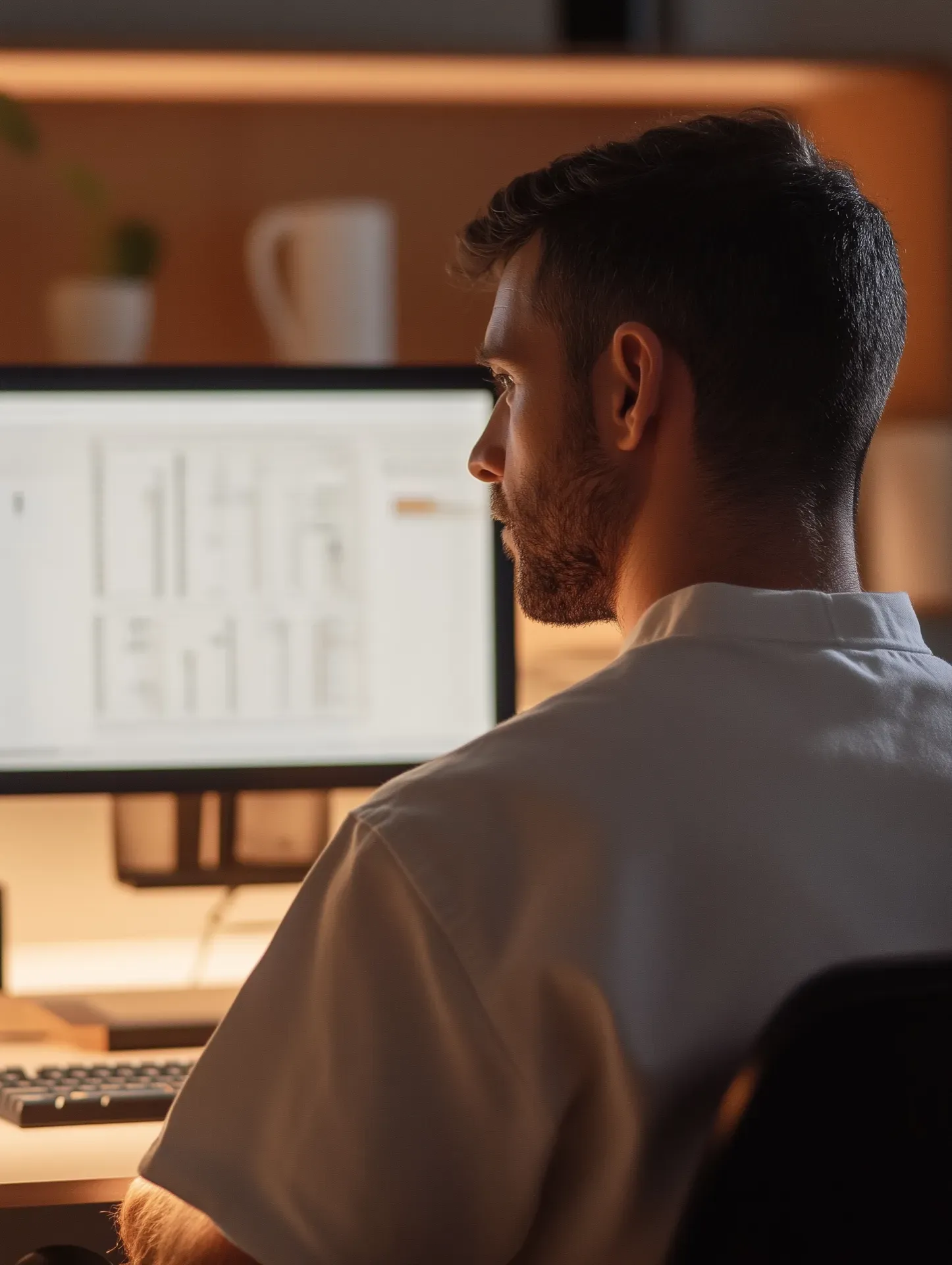Man in a white shirt focused on a desktop computer displaying charts and data in a softly lit workspace.