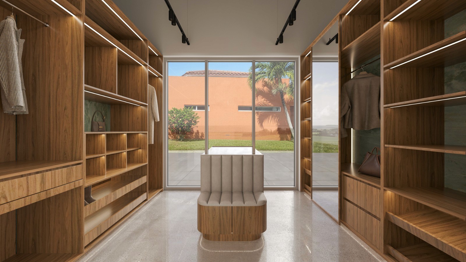 Kabeenet Showroom meeting area with desk, product displays, and large windows