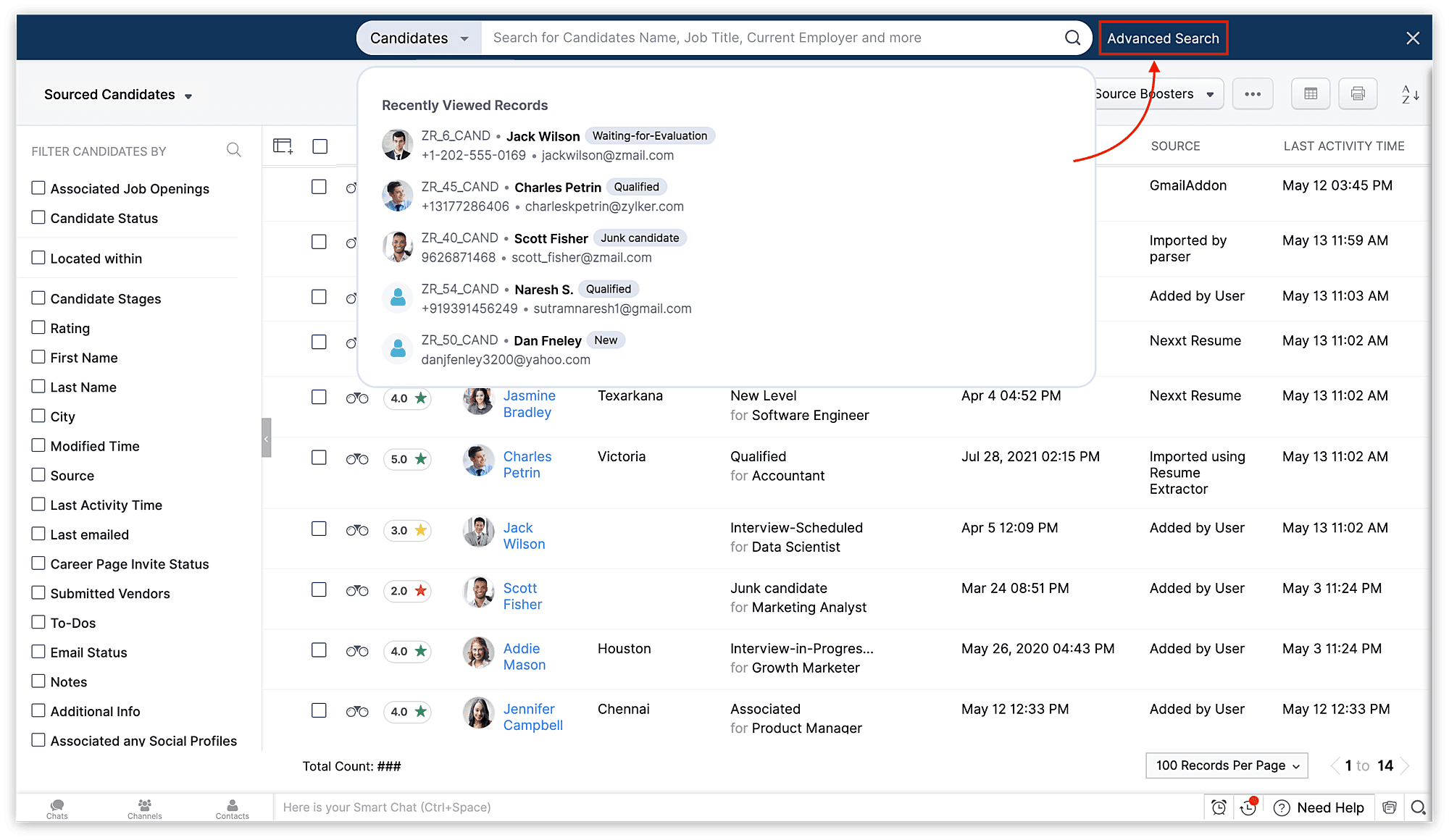 zoho recruit advanced search