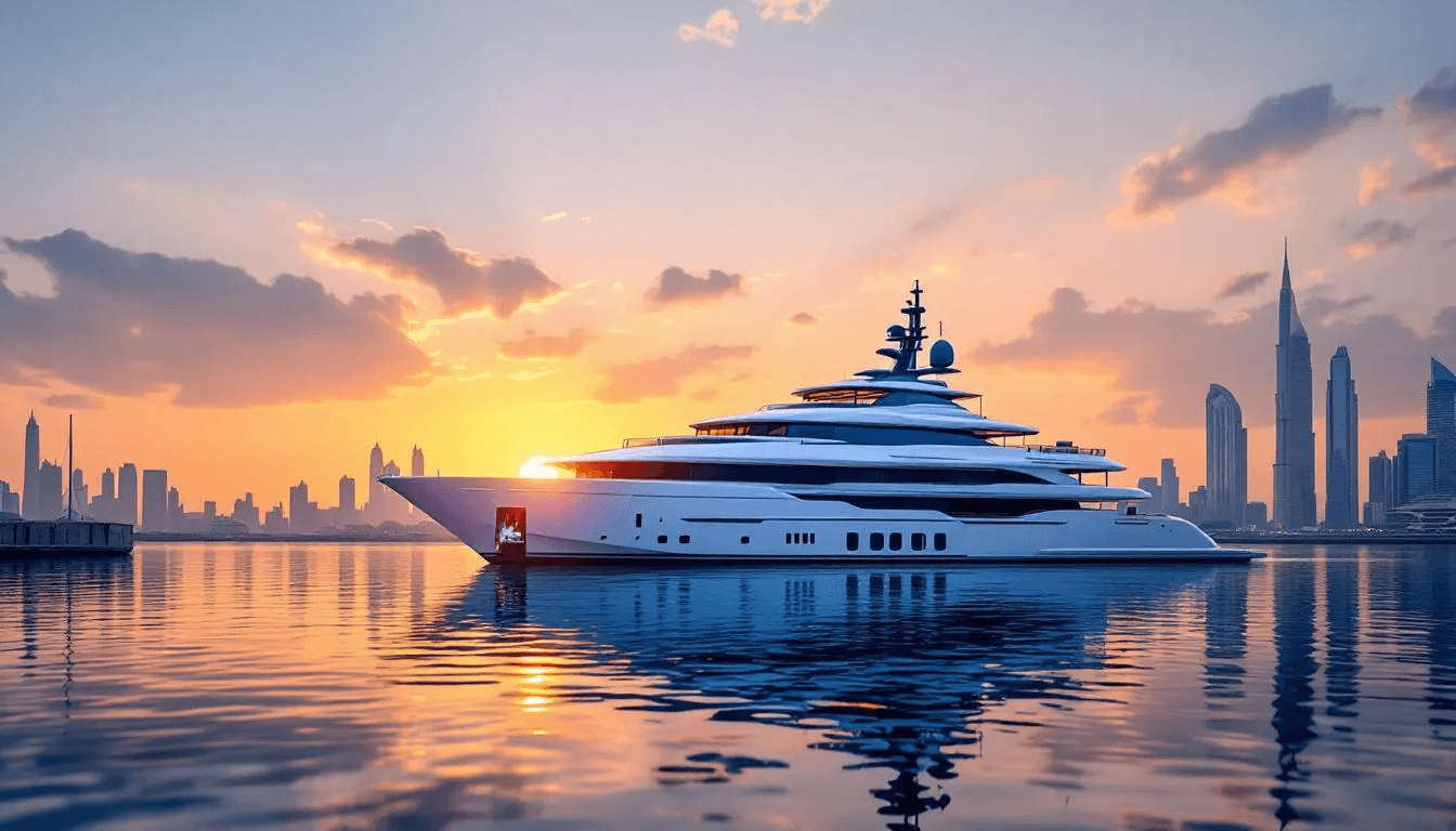 Eine luxuriöse Yacht schaukelt sanft im Dubai Harbour, während die Sonne hinter den Wolkenkratzern der Stadt untergeht und den Himmel in warme Farben taucht. Im Hintergrund sind die beeindruckenden Sehenswürdigkeiten wie die Palm Jumeirah und der Burj Khalifa zu erkennen, die die Umgebung des Yachthafens prägen.