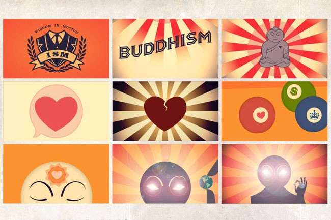 The image is a 3x3 grid of nine square panels, each featuring a distinct graphic design. The top left panel displays an orange-red background with a crest and the text "WISDOM IN MOTION" and "ISM". The top middle panel has a cream background with the word "BUDDHISM" in bold black letters. The top right panel shows a gray Buddha statue against a red sunburst background. The middle left panel contains a red heart inside a speech bubble. The middle middle panel features a dark red heart with a jagged line through it. The middle right panel shows three coins with symbols: a dollar sign, a crown, and a heart with a heart inside. The bottom left panel has a yellow-orange background with a stylized face and a sunburst design. The bottom middle panel has a yellow-orange background with a stylized face and a sunburst design. The bottom right panel shows a dark silhouette of a person with glowing white eyes against a yellow-orange background.