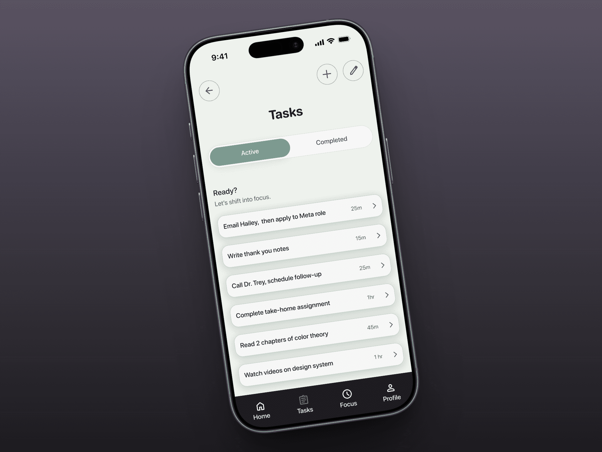 Mobile app with task screen