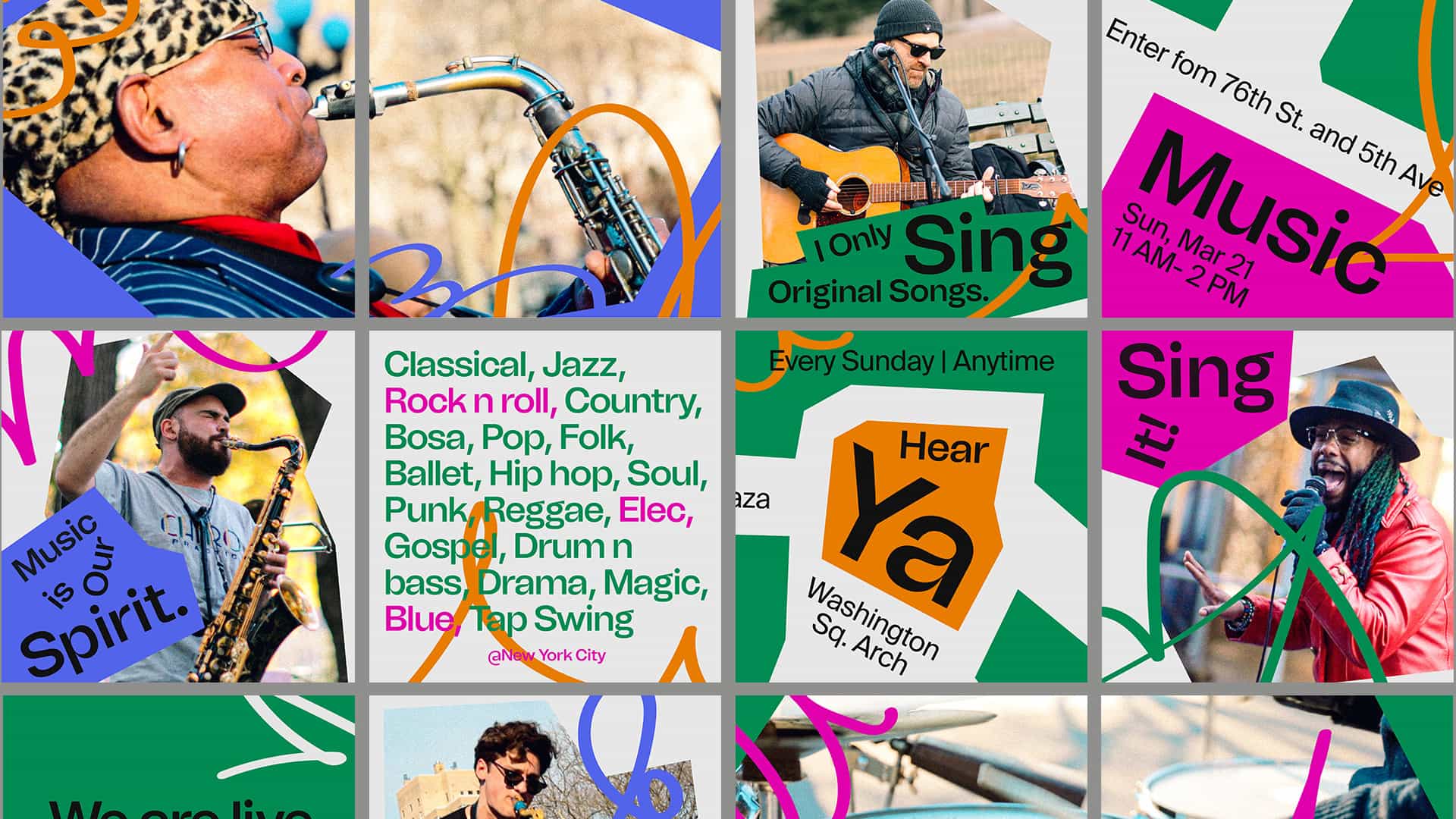 A collage of nine square images, each featuring a musician playing a musical instrument. The top left image shows a woman playing a saxophone. The top middle image shows a man playing a guitar. The top right image shows a man playing a banjo. The middle left image shows a man playing a saxophone. The middle center image shows a yellow square with a stylized “Hear Ya” logo. The middle right image shows a man playing a banjo. The bottom left image shows a man playing a saxophone. The bottom middle image shows a man playing a banjo. The bottom right image shows a man playing a banjo. The bottom left image shows a man playing a saxophone. The bottom middle image shows a man playing a banjo. The bottom right image shows a man playing a banjo.