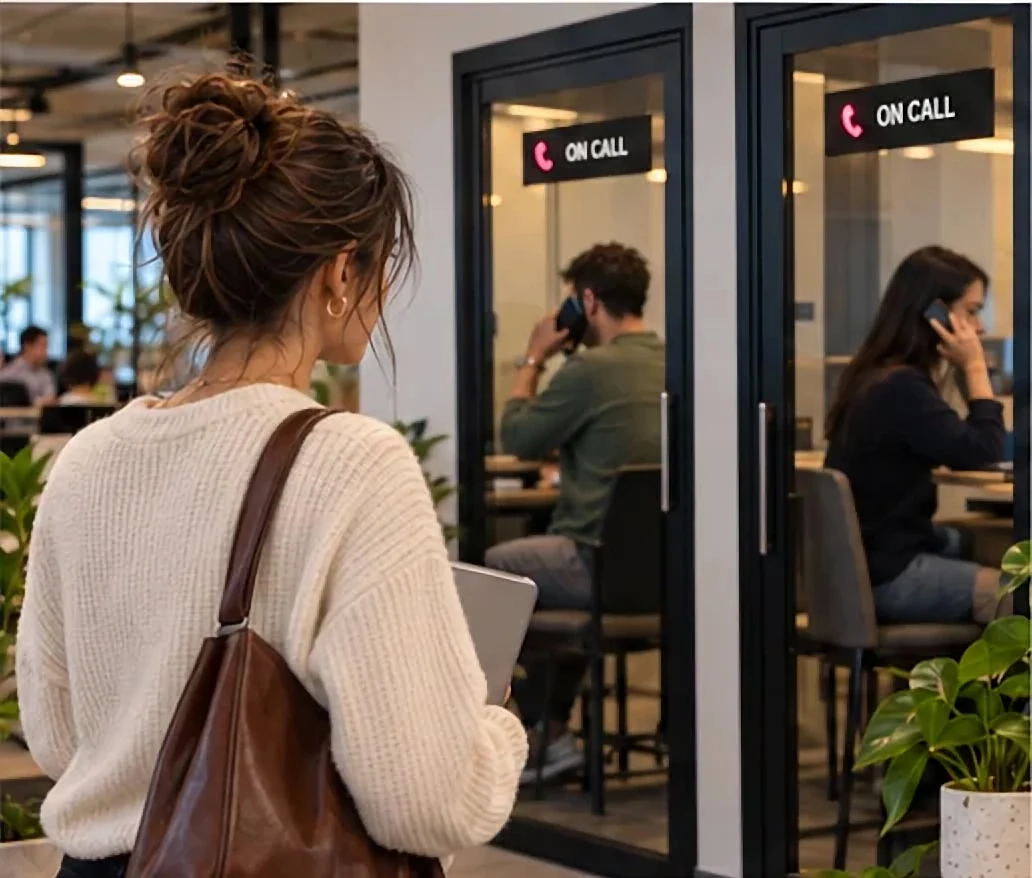 A member walks past phone booths that are all taken.