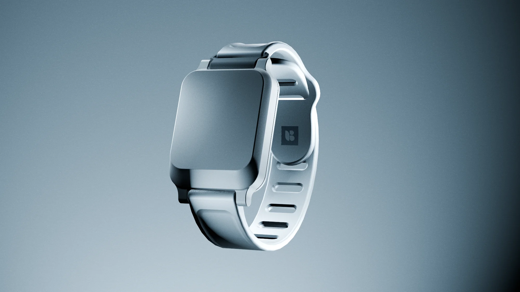 Front view product visualisation of a biometric sensor smart wearable, highlighting industrial design, component packaging, and embedded electronics integration.