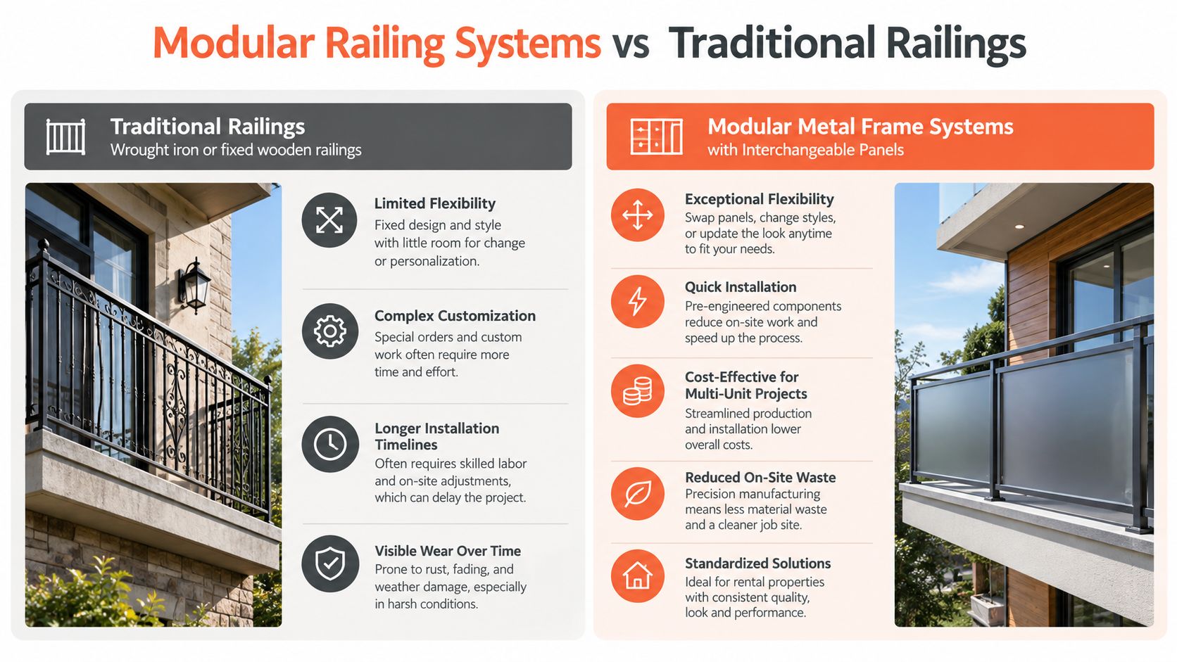 A comparison chart highlighting the benefits of modern modular railing systems versus traditional wrought iron balcony railings.