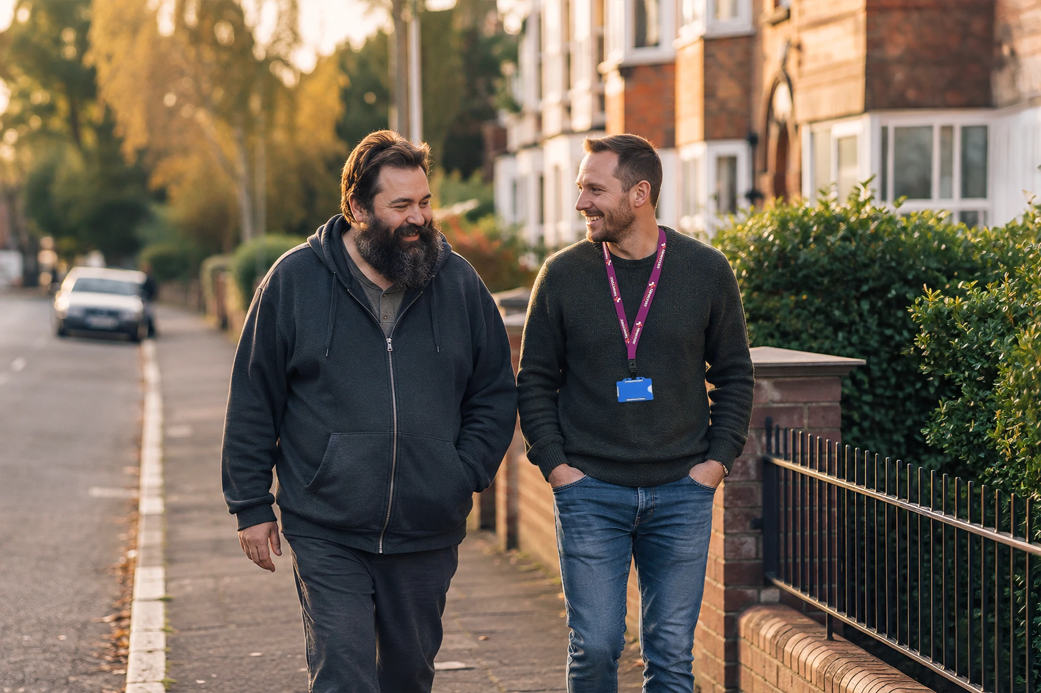 A man walking along a sunny residential UK street with a care support worker, smiling together during his transition back into the community.
