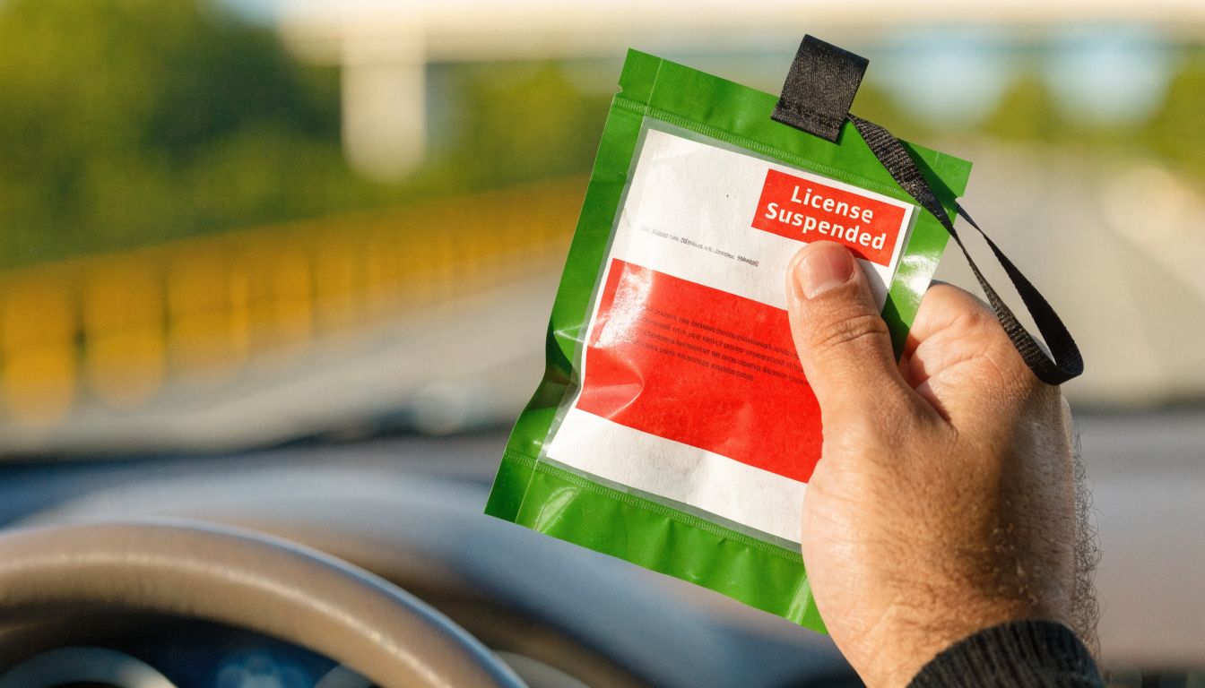 A person holding a green badge that says License Suspended inside a car.
