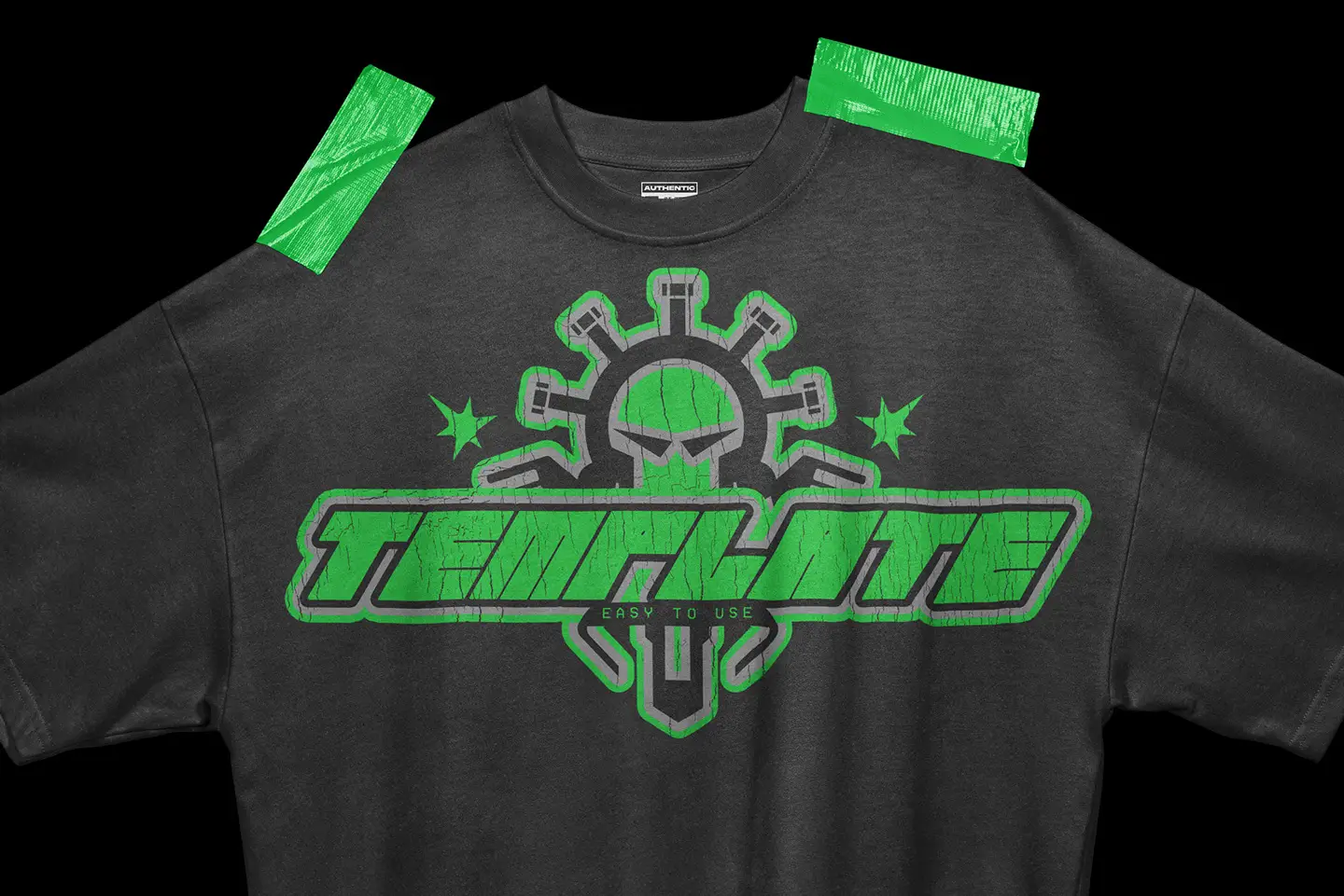 Close up of a green y2k logotype bundle template printed on a black oversized t-shirt