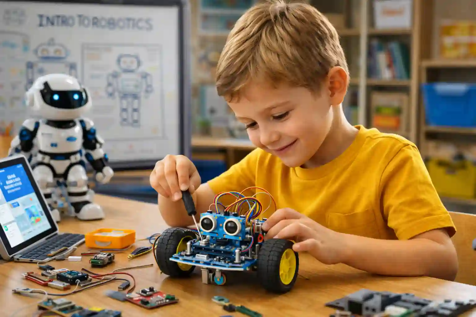 Child building and programming a beginner robotics project in class