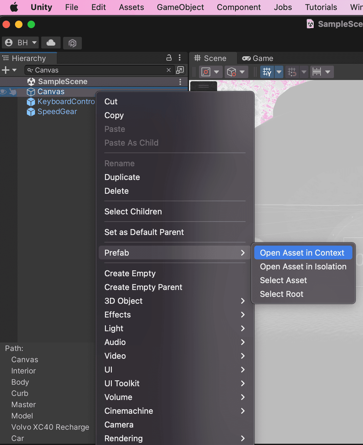 unity open asset in context