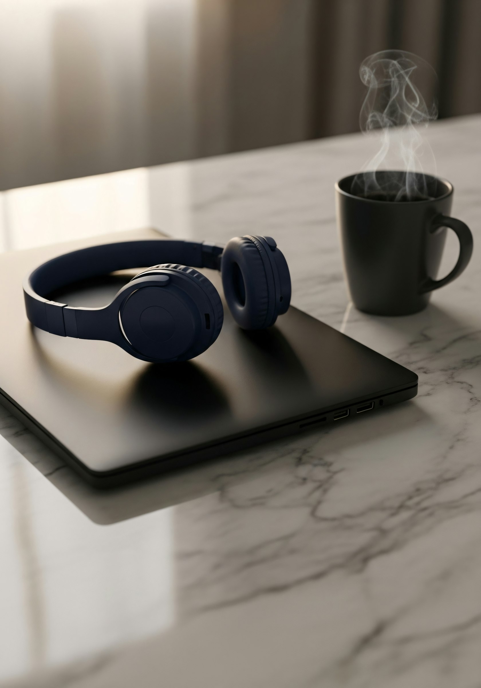 Dark blue headphones on a black laptop with a steaming mug on a marble table, creating a cozy and modern workspace vibe.