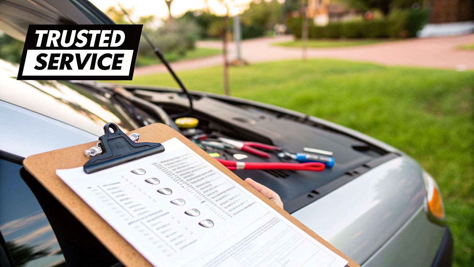 A certified technician carefully installing a new windshield on a customer's vehicle in their driveway.