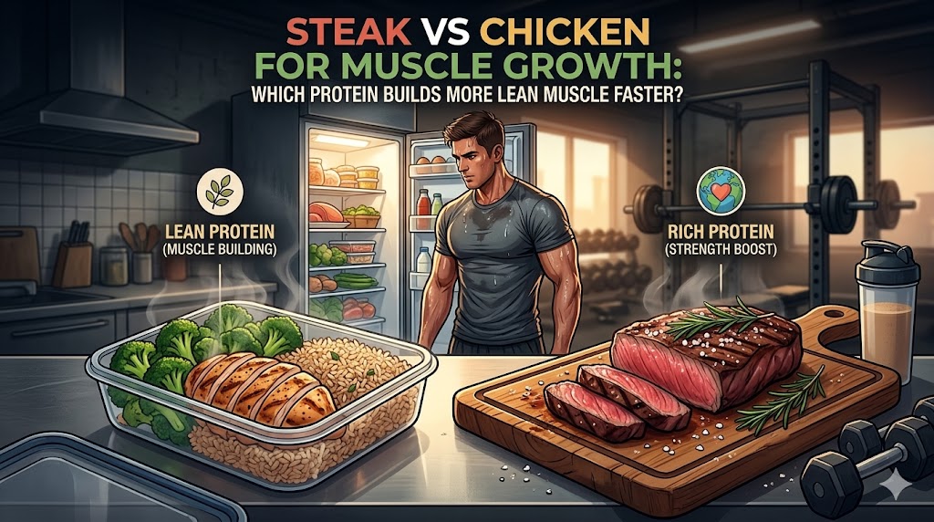 An infographic comparing steak vs. chicken for muscle growth, featuring a muscular athlete looking at a fridge in a modern gym-kitchen. Left shows grilled chicken meal prep labeled 'Lean Protein (Muscle Building)'. Right shows sirloin steak labeled 'Rich Protein (Strength Boost)'. Title text: 'Steak vs Chicken for Muscle Growth: Which Protein Builds More Lean Muscle Faster?'