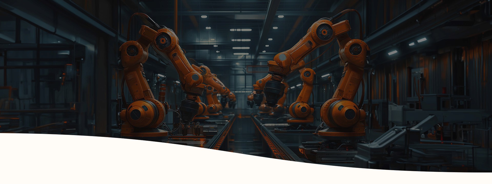 Orange robotic arms on either side of a production line.