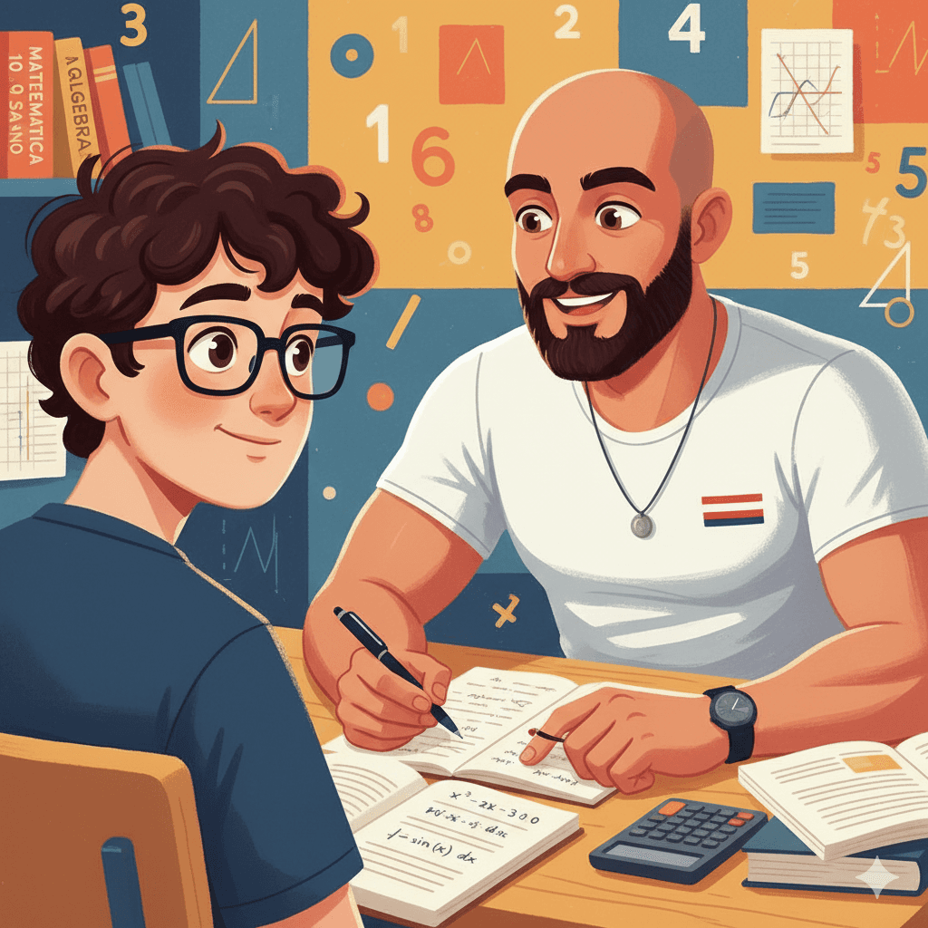 Aula de explicação de matemática para secundário com professor e aluno adolescente, ambiente de estudo com livros, calculadora e exercícios de álgebra