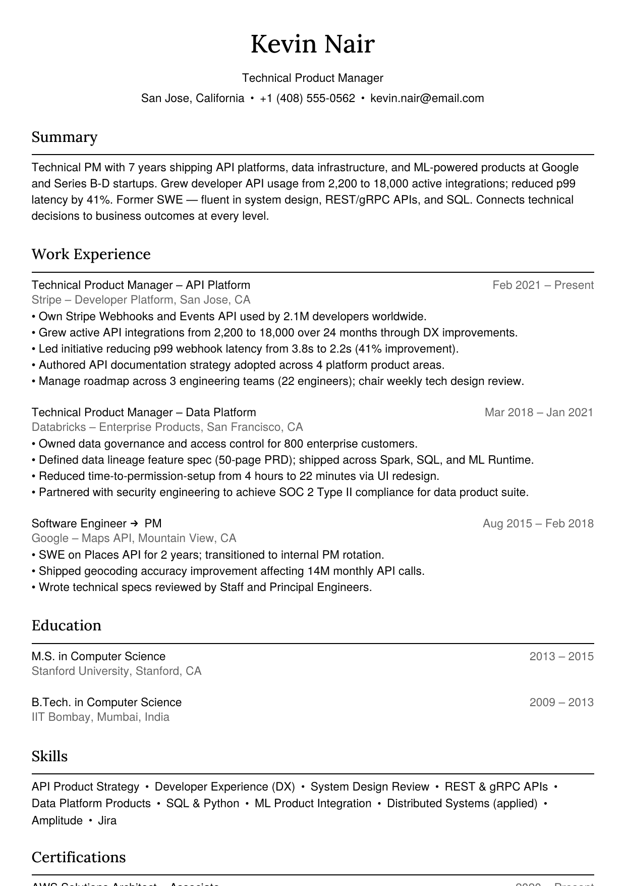 Technical product manager resume example