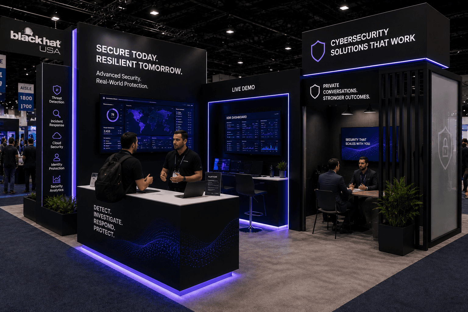 Cybersecurity booth at Black Hat with private demo counter, screen wall, secure discussion zone, and controlled visitor flow