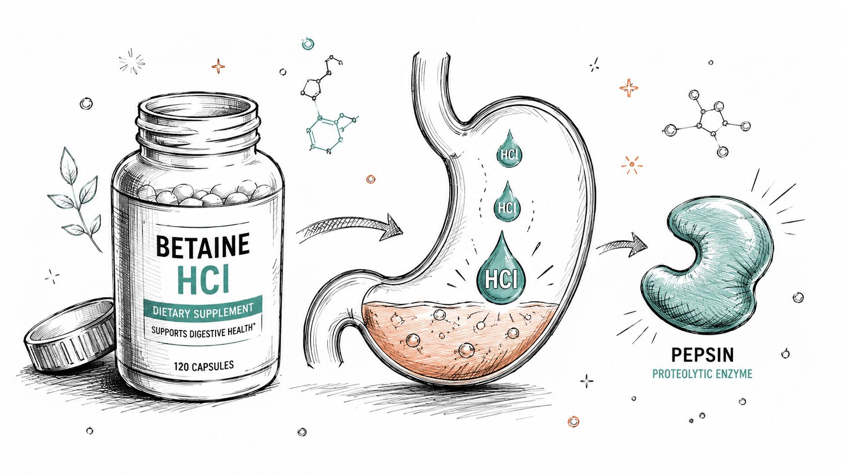 A diagram showing Betaine HCl supplements being consumed to support stomach acid and pepsin enzyme production.