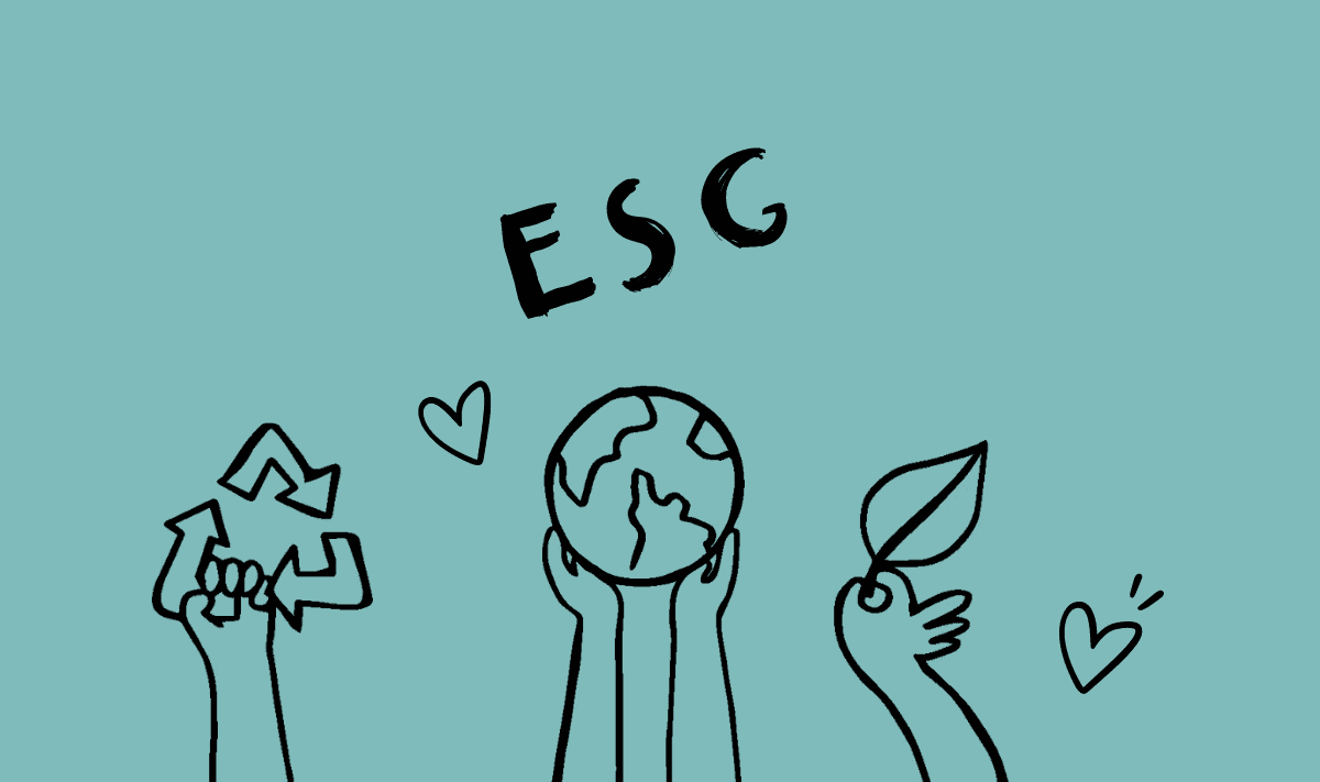 Illustration representing ESG (Environmental, Social, and Governance) with hands holding recycling symbols, a globe, and a leaf, symbolizing sustainability and environmental responsibility on a teal background.