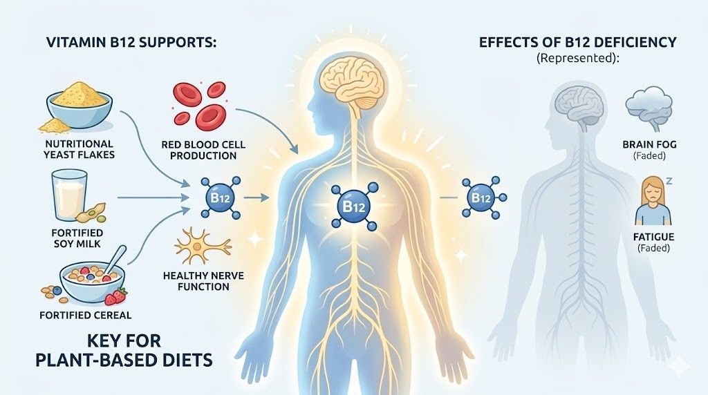 An infographic illustrating how vitamin B12 from nutritional yeast, fortified soy milk, and fortified cereal supports red blood cell production and healthy nerve function. It highlights B12 as a key for plant-based diets and displays the effects of B12 deficiency, such as brain fog and fatigue.